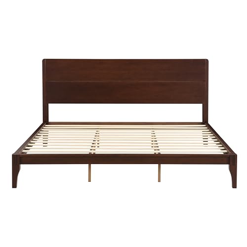 Image of Merax King Size Bamboo Platform Bed Frame with Tall Headboard, Espresso | Mid-Century Modern Solid Sustainable Bedframe King-Size, Wood Slat Support, No Box Spring Needed, Easy Assembly, Noise Free