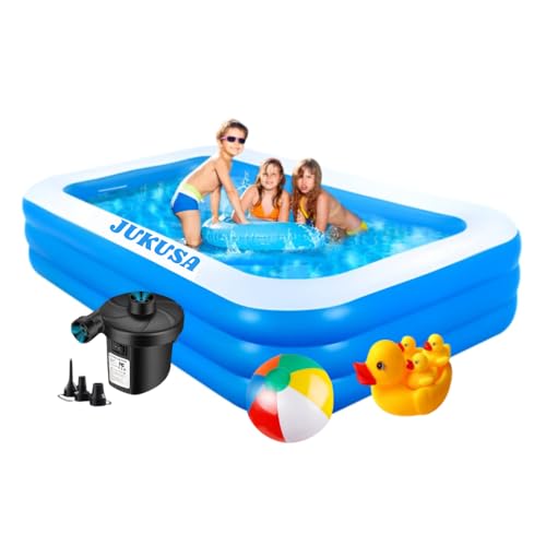 Image of Rectangular Inflatable Swimming Pool for Kids with Electric Pump, Duck Family Toy & Beach Ball, 3 Ring Striped Design, Outdoor Summer Water Party Bath tub,Blue (210 x 150 x 60 cm, 7 Feet)