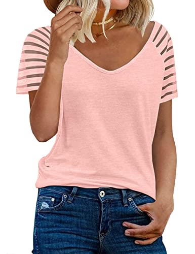 Miholl Women Sexy Tops V Neck Business Casual Mesh Short Sleeves Plain T Shirts #TOP28
