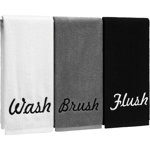 Peryiter 3 Pcs Farmhouse Decorative Hand Towels for Bathroom Kitchen 13.8 x 29.5 Rustic Embroidered 100% Cotton Bath Towels Set for Boho Bathroom Decor Gifts(Brush Wash Flush Neutral Tones)