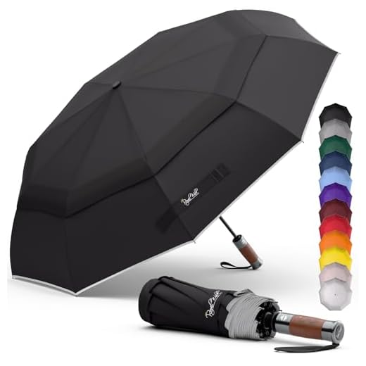 Royal Walk Paraguas de viaje plegable resistente al viento, compacto y fuerte, mango de madera real, cierre automático, doble toldo ventilado para hombres y mujeres, Black, L, Moderno