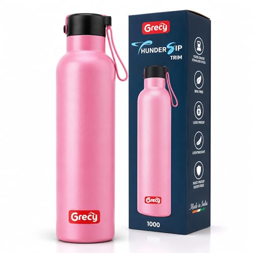 Image of GRECY Trim 1 Litre Stainless Steel Water Bottle for Office, Gym & School | Lightweight Leak Proof Fridge Bottle with Carry Loop | BPA Free, Rust Proof, Odour Free | Pink | 1000ml