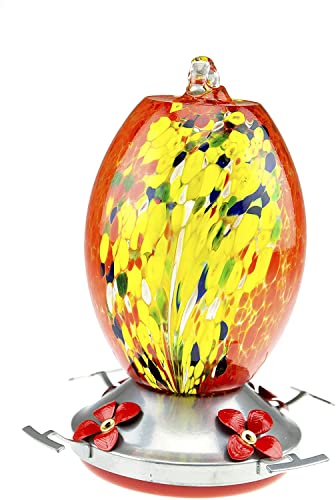 CLEVER GARDEN Hummingbird Feeder with Perch | Hand Blown Flat Glass in Red | 27 Fluid Ounces Humming Bird Nectar Capacity with Hanging Metal Wires and Ant Moat Hook
