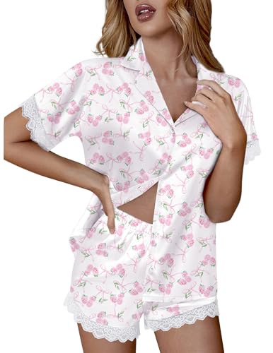 Image of Ekouaer Womens Lace Satin Pajama Set Button Down Pj Shorts Set Bridesmaids Getting Ready Outfits Casual Sleepwear XS-XXL