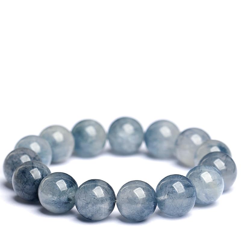 Bracciale in Cristallo di Quarzo Naturale con Pelo di Coniglio Blu Venere - Bracciale Elasticizzato con Perline Rotonde per Donna - Dumortierite Blu Genuina,7mm