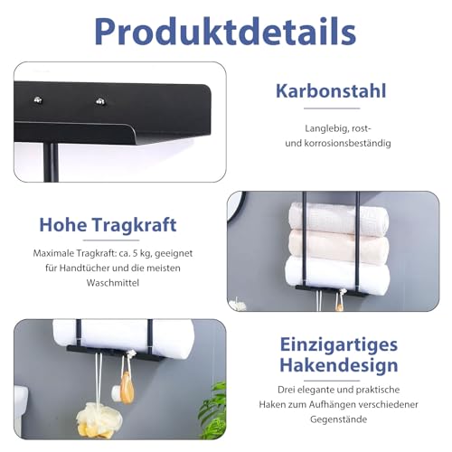 Handtuchhalter Ohne Bohren – Ausziehbares Handtuchregal 38–75 cm mit Haken Stabile Selbstklebend mit Ablage & Haken Gästehandtuchhalter Wandmontage Handtuchhalter Schwarz für Badezimmer & Gäste-WC (A)