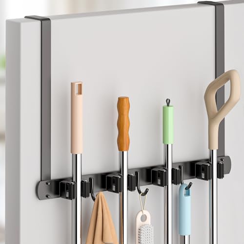 PrimZooty Broom Holder Over The Door - 304 Stainless Steel Mop and Broom Holder Wall Mounted or Hanging Over The Door with Hooks - Broom Hanger, Broom Storage Tool Organizer for Garage Closet Laundry