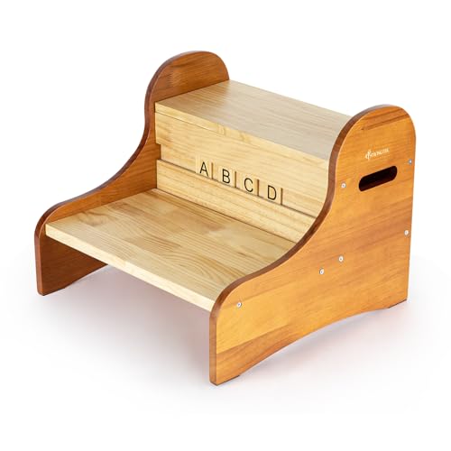 StrongTek Wooden 2-Step Stool Lightweight Pine Wood Step Stool with Non-Slip Pads Easy-Clean Personalized Name Display Stool for Bedroom Playroom and Home Use
