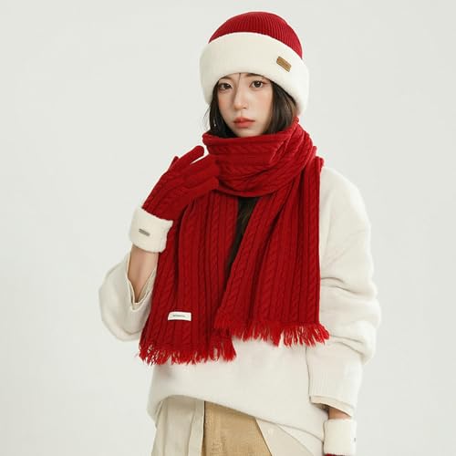 Set de gorro, bufanda y guantes rojos de lana para invierno 4