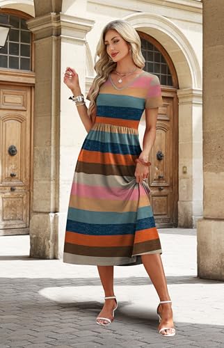 Image of OFEEFAN Summer Dresses for Women Flowy Casual A-Line Midi Dress Beach Vacation Sundresses with Pockets S-2XL