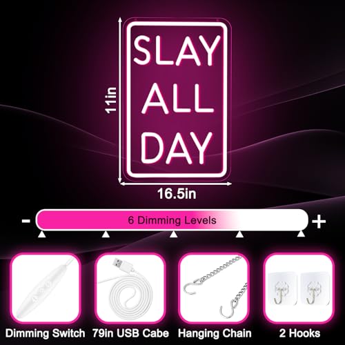 Image of Slay All Day Neon Sign Dimmable Neon Signs for Wall Decor Pink LED Signs USB Light Up Sign Room Decor for Teen Girl Preppy Bedroom Living Room Y2K Coquette Cool Downtown Teenage Girl Room Decoration