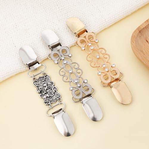 Image of Molain 3-Pack Tie-Up Sweater Clips & Scarf Clips Set, Vintage Cinch Clip for Clothing, Shawl Clasps, Ladies Dress Chain Cardigan for Women, Waist Cincher Clip - Gold & Silver