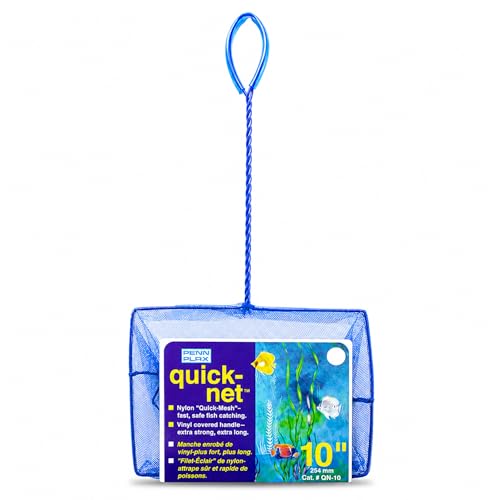 Image of Penn-Plax Quick-Net Aquarium Fish Net - 10 x 7 in Fine Mesh, 10 in Vinyl-Covered Braided Handle - Small Aquarium Cleaning Tool for Gentle Fish Handling - Use in Freshwater & Saltwater Tanks - Blue
