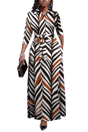 Runwind African Dresses for Women, 3/4 Sleeve Lapel Neck Businees Casual Maxi Dress with Pockets and Belt Elegant