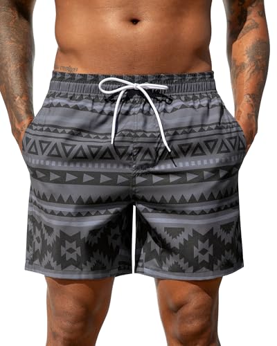SILKWORLD Mens Swim Trunks Quick Dry Bathing Suits Shorts,Geometric Black,S