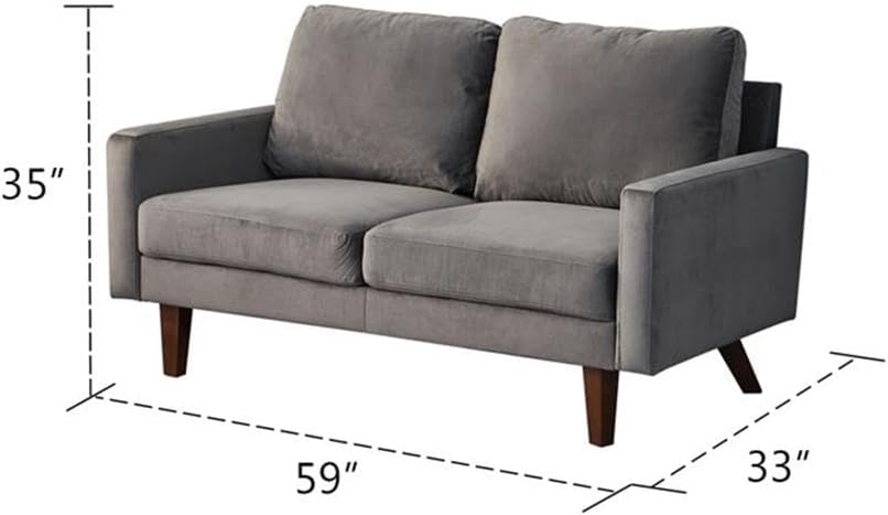 Pemberly Row Velvet Loveseat Sofa, Grey Upholstery, Tufted Backrest, Wooden Legs, Compact Size, Modern Design, Elegant Seating for Living Room or Small Spaces