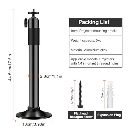VGKE Mini Projektor-Deckenhalterung, Aluminium, 360°-Kugelkopf, Universal-Multifunktions-Projektor-Wandhalterung, max. 5,0 kg Tragkraft, Mattschwarz