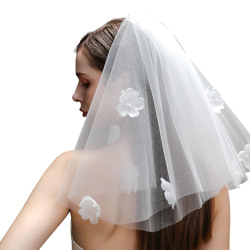 Floral Veil Short Bachelorette Party 3D Flower Wedding Veils for Brides, 2 Layers White Tulle Pearl Veil with Clip Elegant Bridal Accessories for Women and Girls