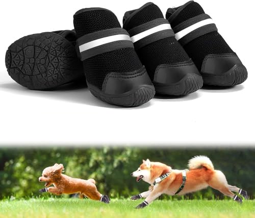 「SENMUUP」犬靴 犬用ブーツ ドッグシューズ 夜間反射テープ付 軽量通気 メッシュ 抗菌防臭 吸水速乾 履かせやすい 脱げにくい 肉球保護 滑り止め 耐久性ゴム底 散歩 防水 介護 傷舐め防止 小&中型犬 5サイズ 4個セット (ブラック, 5#)の商品画像（Amazon）