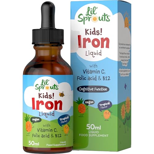 Iron Drops for Kids | 50mL | with Vitamin C B12 and Folic Acid | Tropical Flavoured Liquid Food Supplement | 10mg of Iron Per Serving | Vegan | by Lil Sprouts