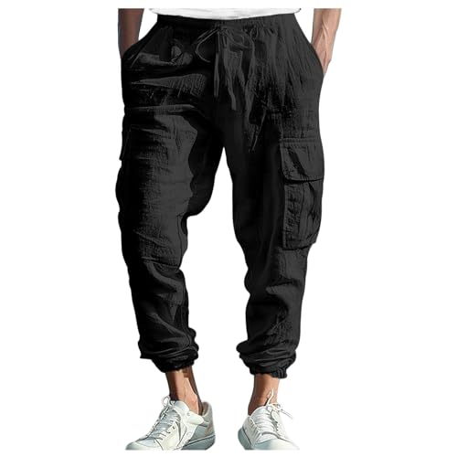 Generisch Pantalones de yoga de algodón para hombre, cintura elástica, estilo informal, para verano, playa, pantalones cargo, Negro , L