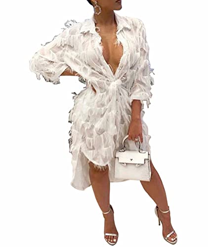 Image of xxxiticat Women's Faux Feather Mini Dress Quarter Sleeve Deep V-Neck Low Cut Asymmetric Fringe Tassel Shirt Blouse Dress