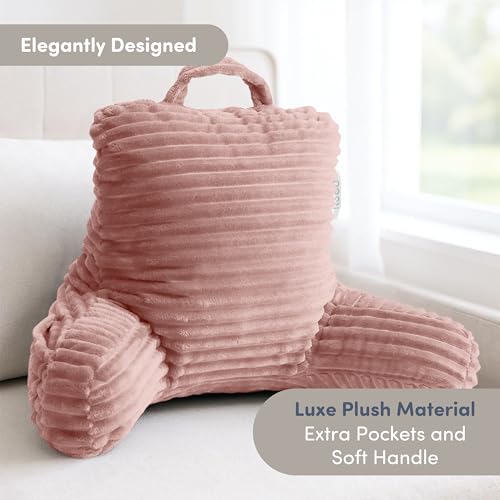 Image of Nestl Reading Pillow for Kids & Teens with Shredded Memory Foam, Luxe Cut Plush Backrest Pillows for Reading and Gaming, for use on Couch or Bed, Adjustable Support with Washable Cover Peach Beige