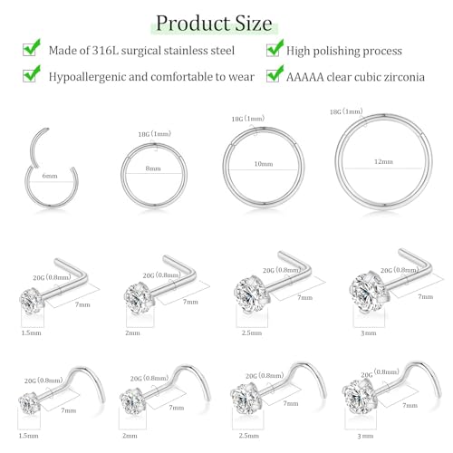 12PCS 18G Nose Ring Hoop 20G Nose Studs Sets, 316L Surgical Steel Hypoallergenic 14K Gold Plated CZ Hinged Clicker L Shape/Corkscrew Nose Studs Piercing Jewelry for Women Men2