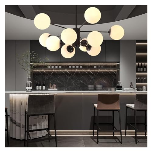 Lustre E27 en fer noir à 8 têtes avec abat-jour sphérique moléculaire haut de plafond