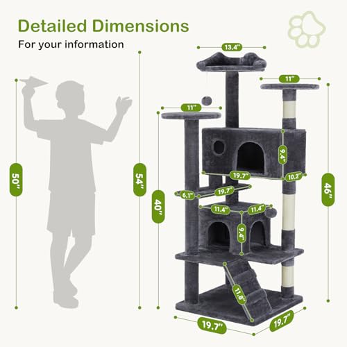 DUMOS 54-inch Indoor Cat Tree Tower –Multi-Level Pet House for Large Cats with 2 Condos, Scratching Posts, Round Platform, Small Ladder, and Toys – Perfect for Cats of All Ages, Dark Grey - Image 3