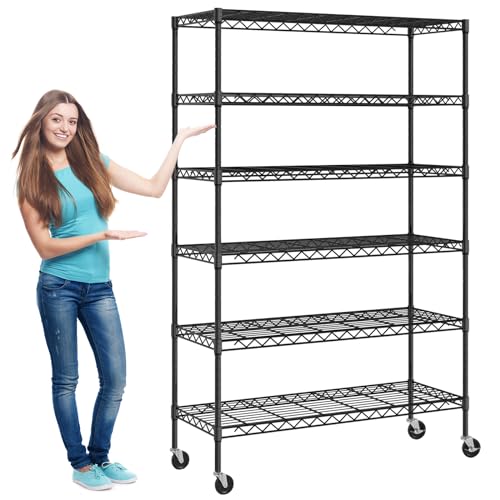 HGS 6 Tier Wire Rack Storage Shelves Wire Shelving Unit with Wheels Heavy Duty NSF Utility Steel Shelves Height Adjustable Kitchen Garage Shelf Racks, 82"x 48"x 18", Black