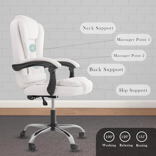 Image of Casa Copenhagen Italia Premium Leatherette Office Chair for Work | Boss Chair, Ergonomic Executive, Luxurious Cushioned Arms & Seat, 2 Point Back Massager, Heavy Duty Metal Base (White)