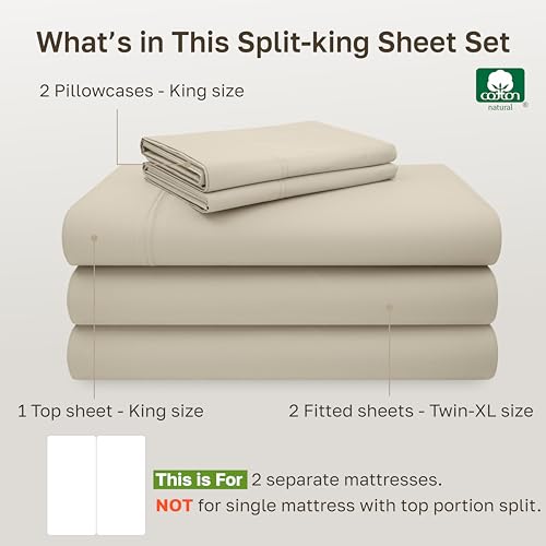 Image of California Design Den Split King Sheets Sets for Adjustable Bed - 600 Thread Count Sateen, 100% Cotton Sheet & Pillowcase Sets, Deep Pockets, Soft and Durable Bedding - Beige