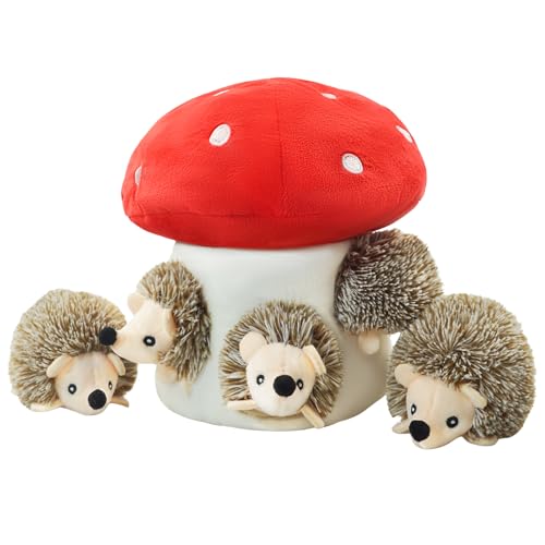 YOUBEMAGIC Hide and Seek Dog Toys Mushroom Crinkle Paper Hideaway with 5 Pack Squeaky Hedgehogs Interactive Plush Puzzle Puppy Chew Toy to Keep Them Busy for Small Medium Large Dogs