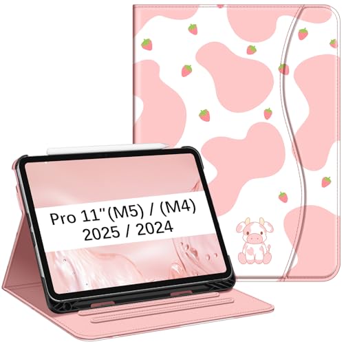 Image of Fintie Folio Case for iPad Pro 11-inch (M5) 2025 / (M4) 2024 - Multiple Angles Viewing Stand Protective Cover with Pencil Holder & Pocket, Auto Wake /Sleep, Strawberry Cow