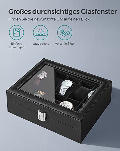 SONGMICS Uhrenbox mit 10 Fächern, Uhrenkasten, Glasdeckel, Uhrenkoffer, herausnehmbare Uhrenkissen, Metallverschluss, Geschenkidee, PU-Bezug in Schwarz, Innenfutter in Schwarz JWB010B02