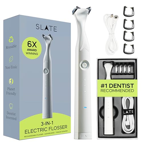 Slate Electric Flosser | 3-in-1 Dentist-Invented with Reusable Floss Heads, Gum Brushes & Tongue Scraper | More Effective Than String or Water Floss