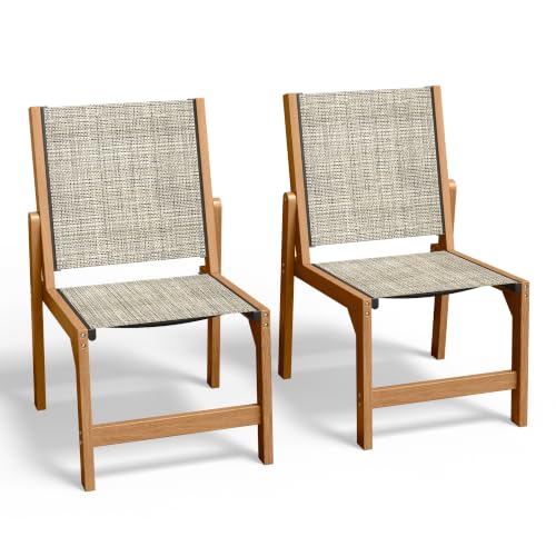 Image of Ciokea HDPE Outdoor Dining Chair of 2, Patio Stackable Porch Chairs, Teak | All-Weather Armless Furniture with Breathable Teslin Fabric. Suitable for Outdoor Leisure in Backyard, Pool, Lawn & Garden..