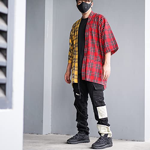 Men\'s Plaid Noragi Jacket Flannel Kimono Cardigan Oversized Haori Japan Yukata (Patchwork - Red&Yellow)