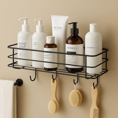 Image of Wall Shelf | GI Steel Self Adhesive Bathroom Organiser with 4 Hooks | No Drill, Black | 28 cm x 10 cm x 6.5 cm