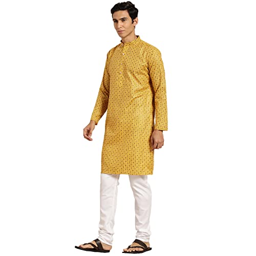 Image of SOJANYA, Men's Cotton Linen Blue Foil Printed Kurta and White Pyjama Set