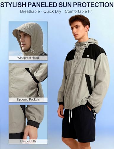 Image of Venzina Men's Slim-Fit Breathable Sun Hoodie -UPF 50+ Ultra-Lightweight Wind-Resistant Jacket with Visor, Color-Block Design, Black Cuffs & Adjustable Hem for Cycling,Commute,Outdoor