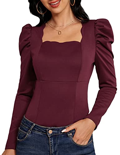 JASAMBAC Damen Lamm Bein Ärmel Langarm Top Spitze Quadrat Hals Tight Top Solide Elegante Bluse Cover