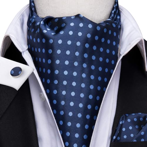 Image of Hi-Tie Silk Ascot for Men Self Tie Men's Cravat and Flower Lapel Pin Handkerchief Cufflinks Set for Wedding Party