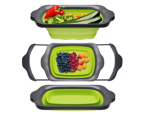 Comfify XL Large Kitchen Strainer - Collapsible Silicone Over-The-Sink Colander with Extendable Handles - Use with Pasta, Fruit, Berries & Veggie - 6 Quart - Green