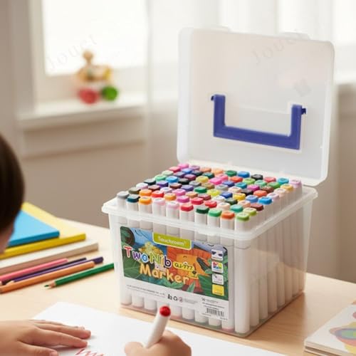 Image of JOUET Two Nib Marker Set, Double-Ended Markers with 1mm and 0.7mm Tips, 60 Vibrant Colors, Washable Ink, Triangular Barrel Design, Child-Safe and Non-Toxic, Ergonomic for Kids
