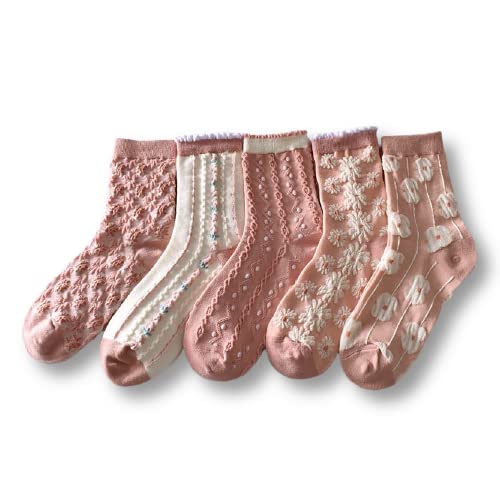 Women Vintage Pink Floral Patterned Cute Ruffle Cotton Ankle Socks 5 Pairs