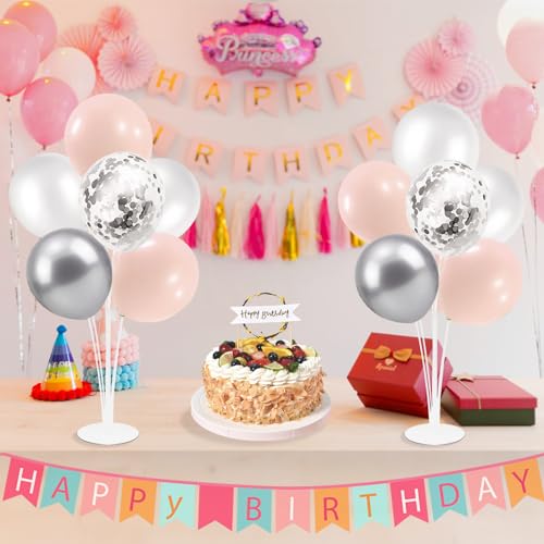 Image of ZJDHPTY 4Set Silver Pink Balloon Stand Girl Baby Shower Decorations | Table Balloon Centerpiece for Girls 1st Sweet 16 Birthday Bridal Shower Engagement Wedding Bachelorette Party Decor