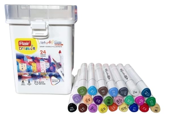 Image of FLAIR 24 Vibrant Shades Soft Art Marker Dual-Tip| Soft Chisel Point & Brush Tip Together| Triangular Body| Quick Drying| Draw Doodle Illustrate| Attractive Carry Case With Handle|,Multicolor