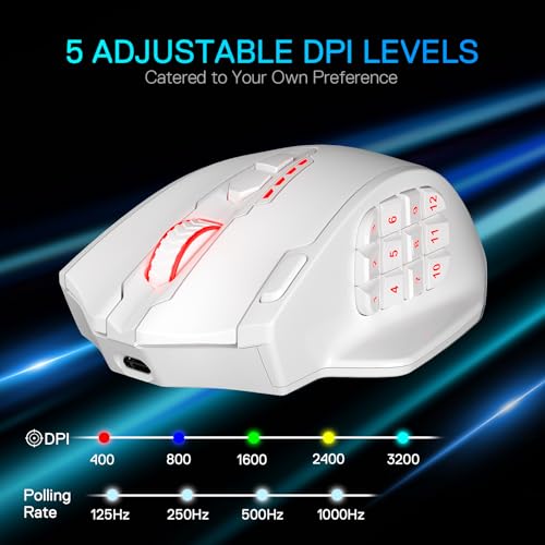 Image of Redragon M913 MAX Wireless Gaming Mouse, 26000 DPI MMO Optical Mouse with 16 Programmable Buttons, BT & 2.4G Wireless, Software Supports DIY Keybinds, White